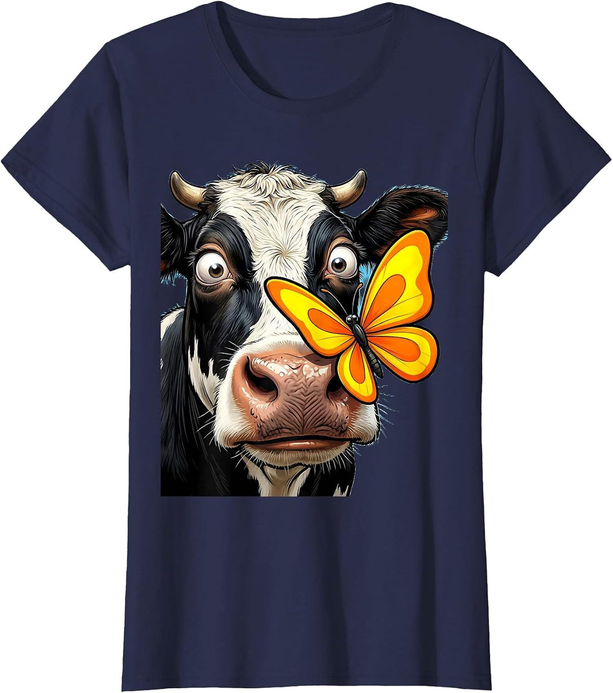 Women's Cow With Butterfly on Nose Cute Farm Animal Art T-Shirt - Navy Blue