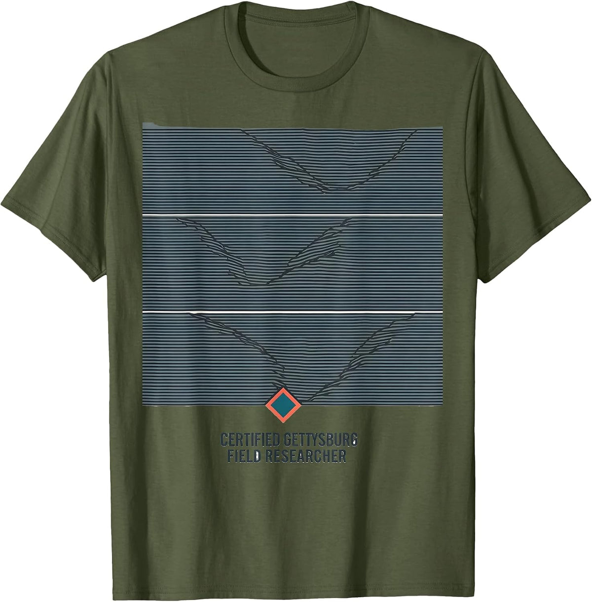 Men's Certified Gettysburg Field Researcher Flat Vector Civil War T-Shirt - Olive Green