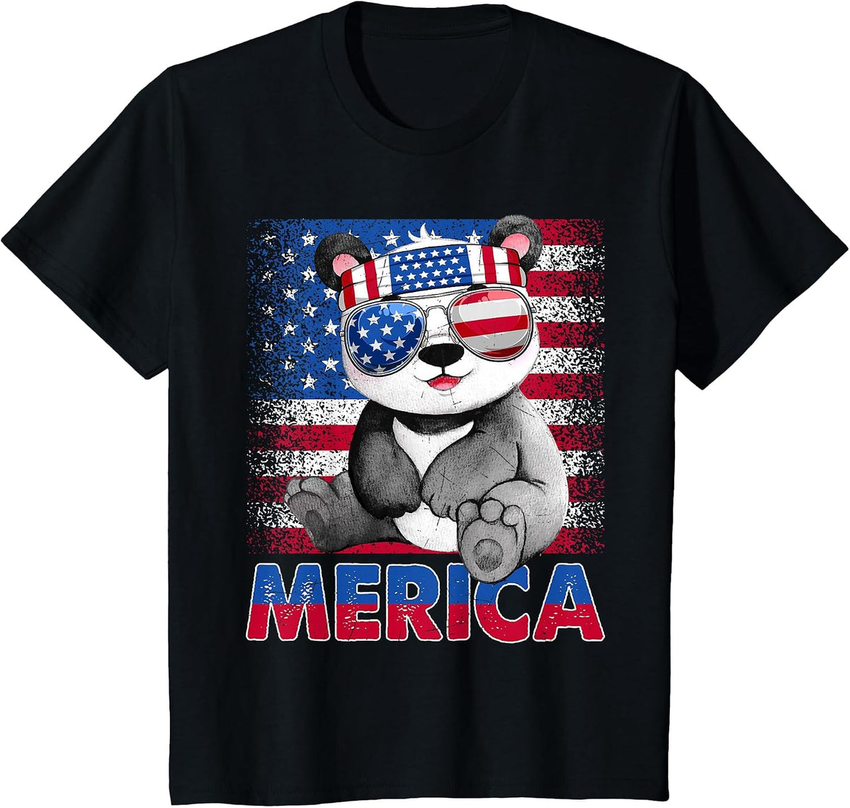 Funny Merica Panda Bear with USA Flag Headband 4th of July T-Shirt - Black