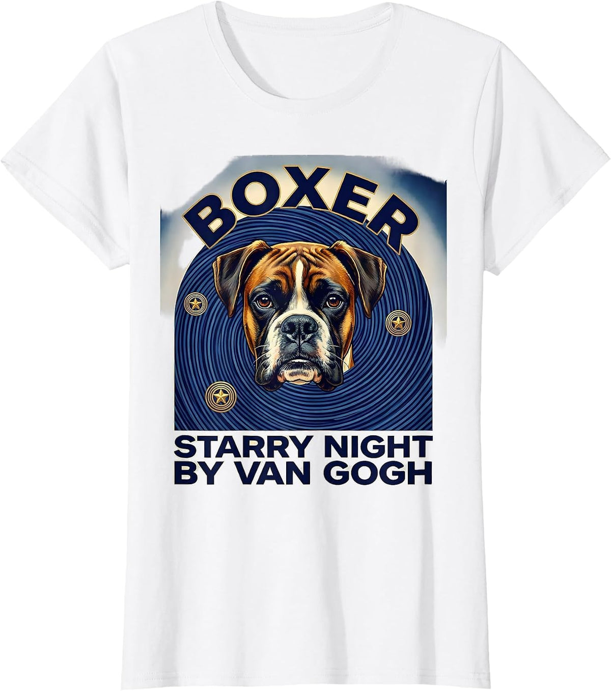 Women's Boxer Starry Night by Van Gogh Dog Portrait Art T-Shirt - White