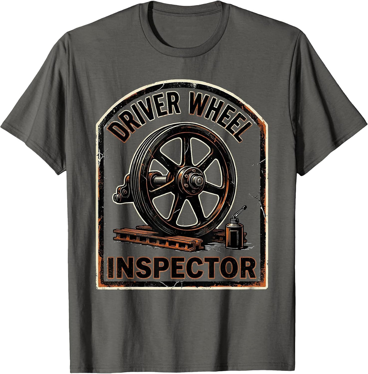 Driver Wheel Inspector Distressed Steam Train Enthusiast T-Shirt - Asphalt Grey