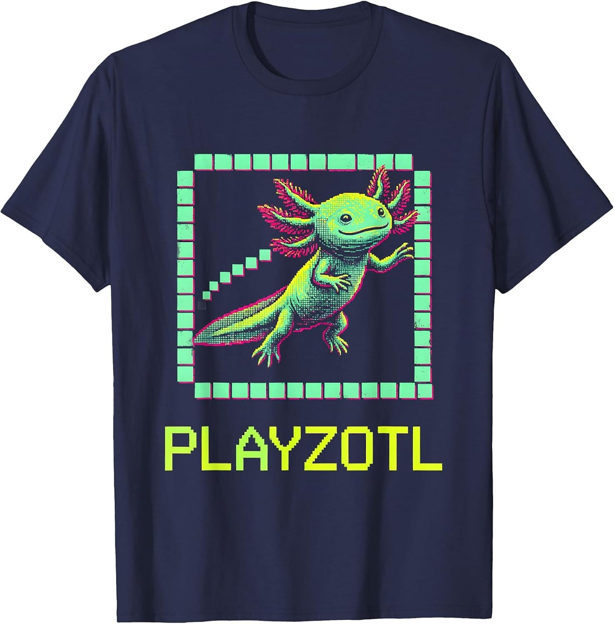 Men's Playzotl Pixel Art Kawaii Axolotl Gamer Kids Gift T-Shirt - Navy Blue