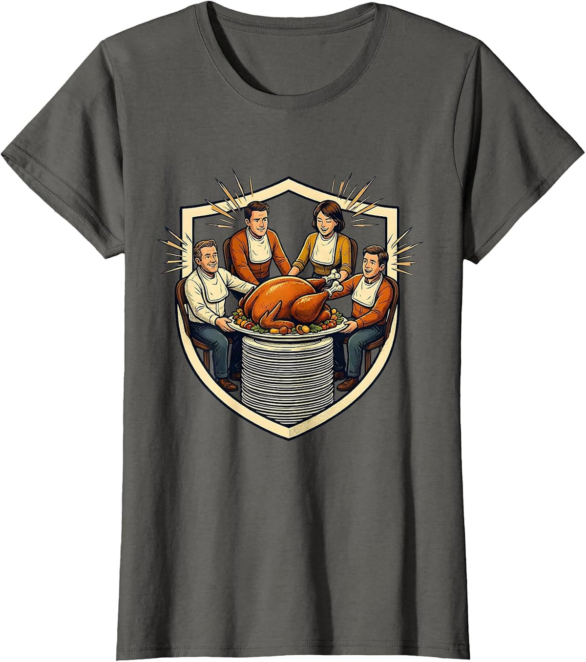Women's Thanksgiving Turkey Crew Matching Family Dinner Humor T-Shirt - Asphalt Grey