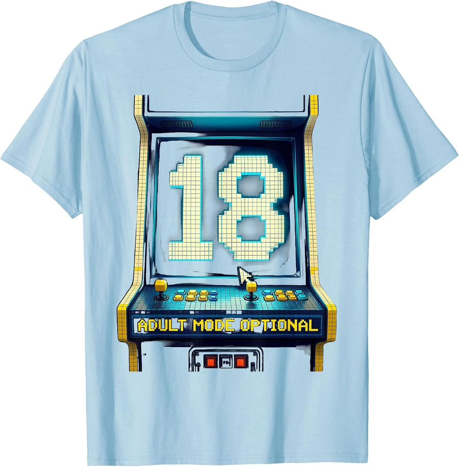 Men's 18, Adult Mode Optional Pixel Art Birthday Humor T-Shirt - Baby Blue