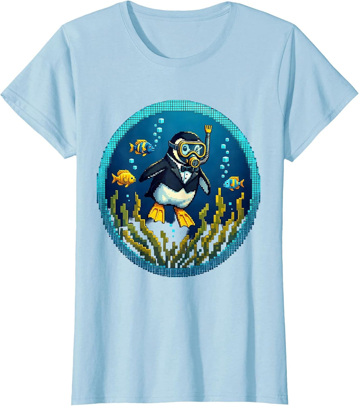 Penguin Deep Sea Diver Underwater Ocean Graphic T-Shirt - Baby Blue