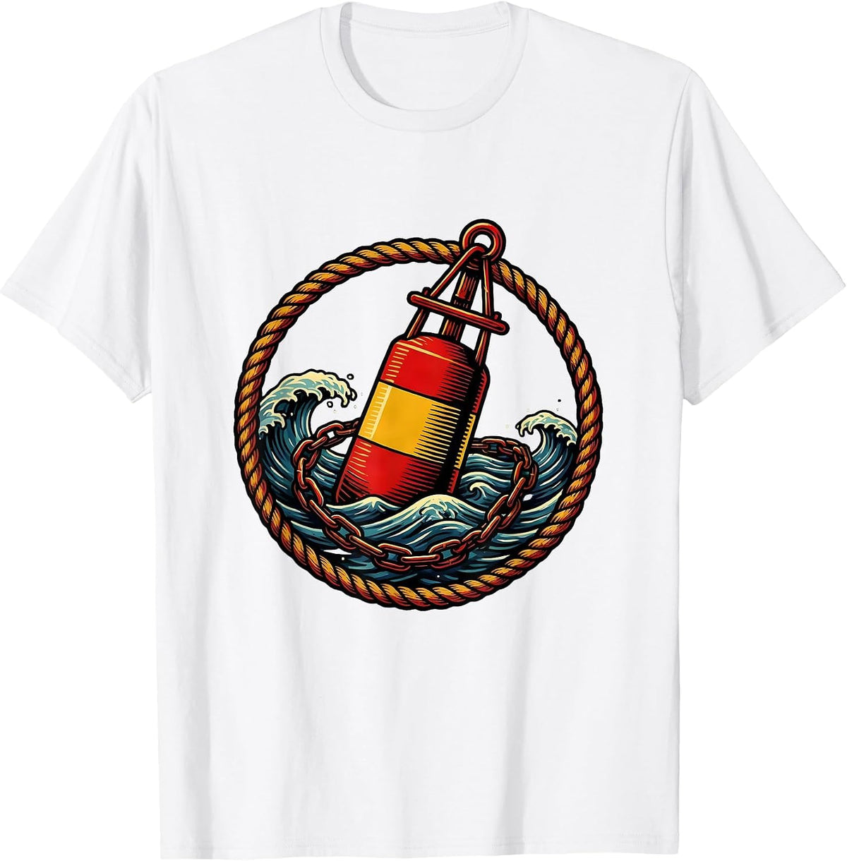 Men's Lone Buoy Ocean Illustration Navy Graphic T-Shirt - White