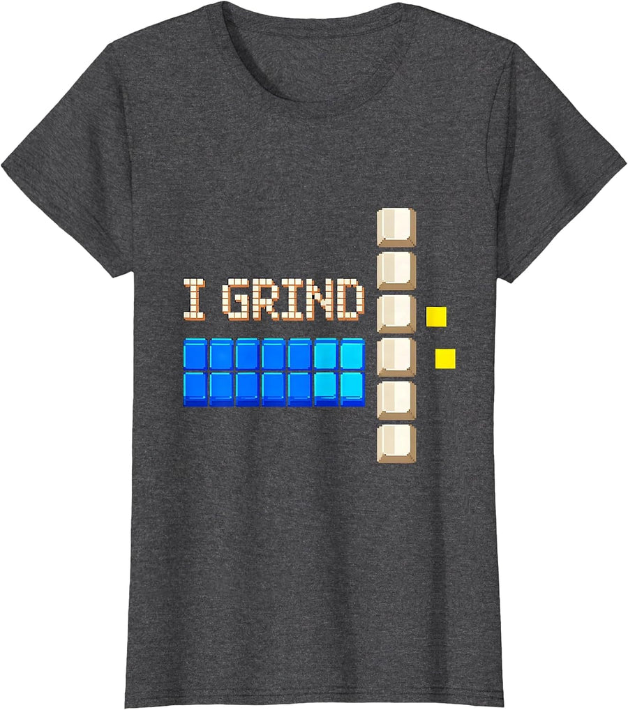 Women's I Grind Pixel Art Funny PC Gamer Nerd Humor T-Shirt - Dark Heather Grey