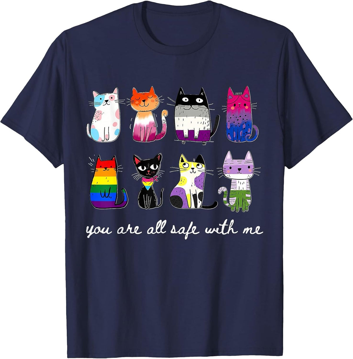 You are All Safe with Me Cute Cat Pride Month LGBT Support T-Shirt - Navy Blue