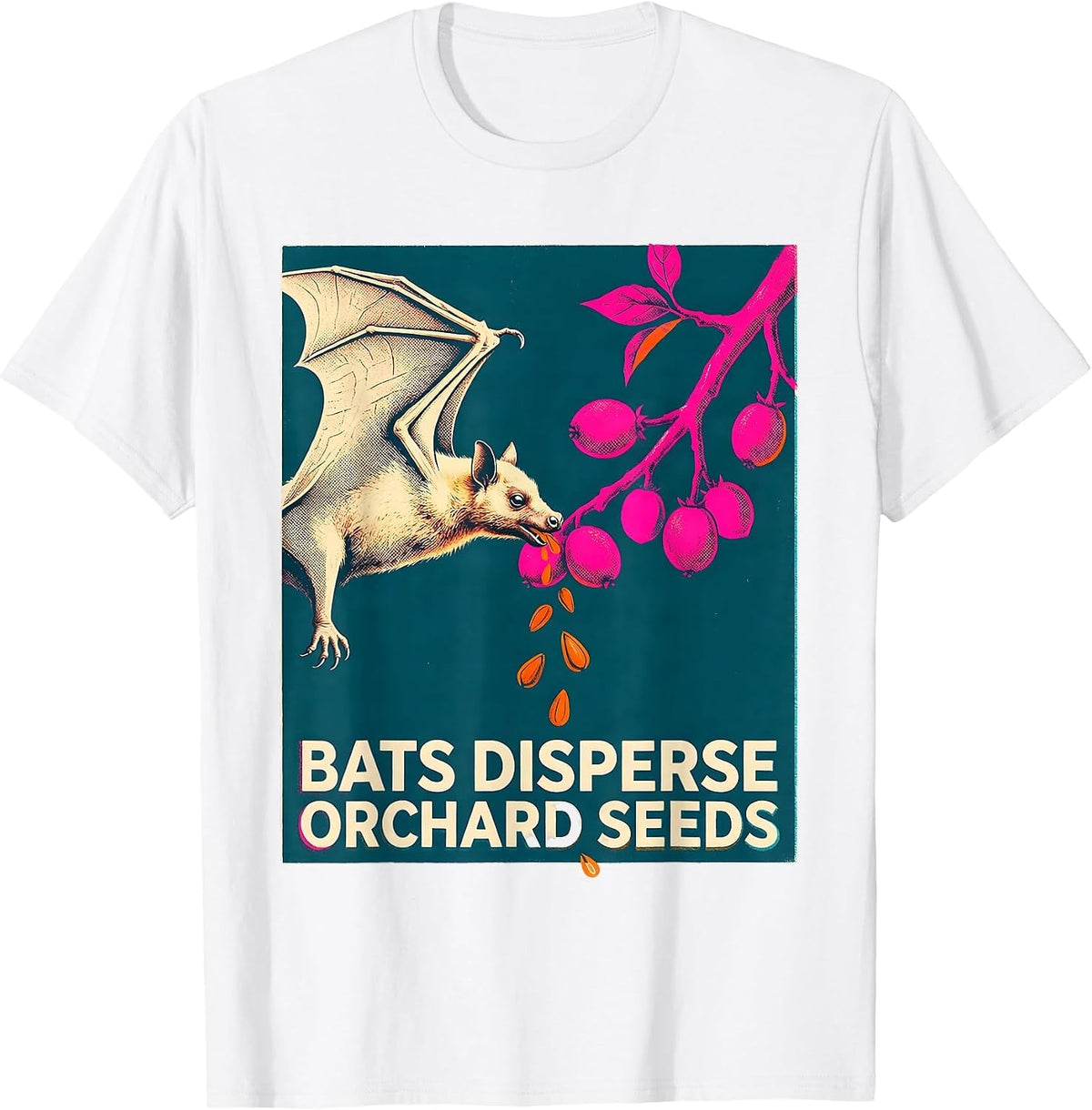 Men's Bats Disperse Orchard Seeds Risograph Bat Lover Nature T-Shirt - White