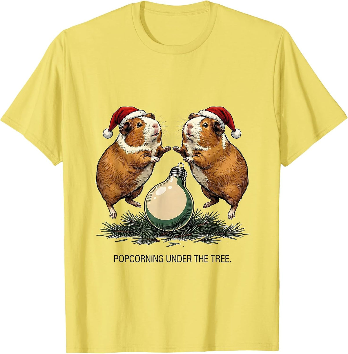 Men's Popcorning Under The Tree Funny Guinea Pig Christmas Santa T-Shirt - Lemon Yellow