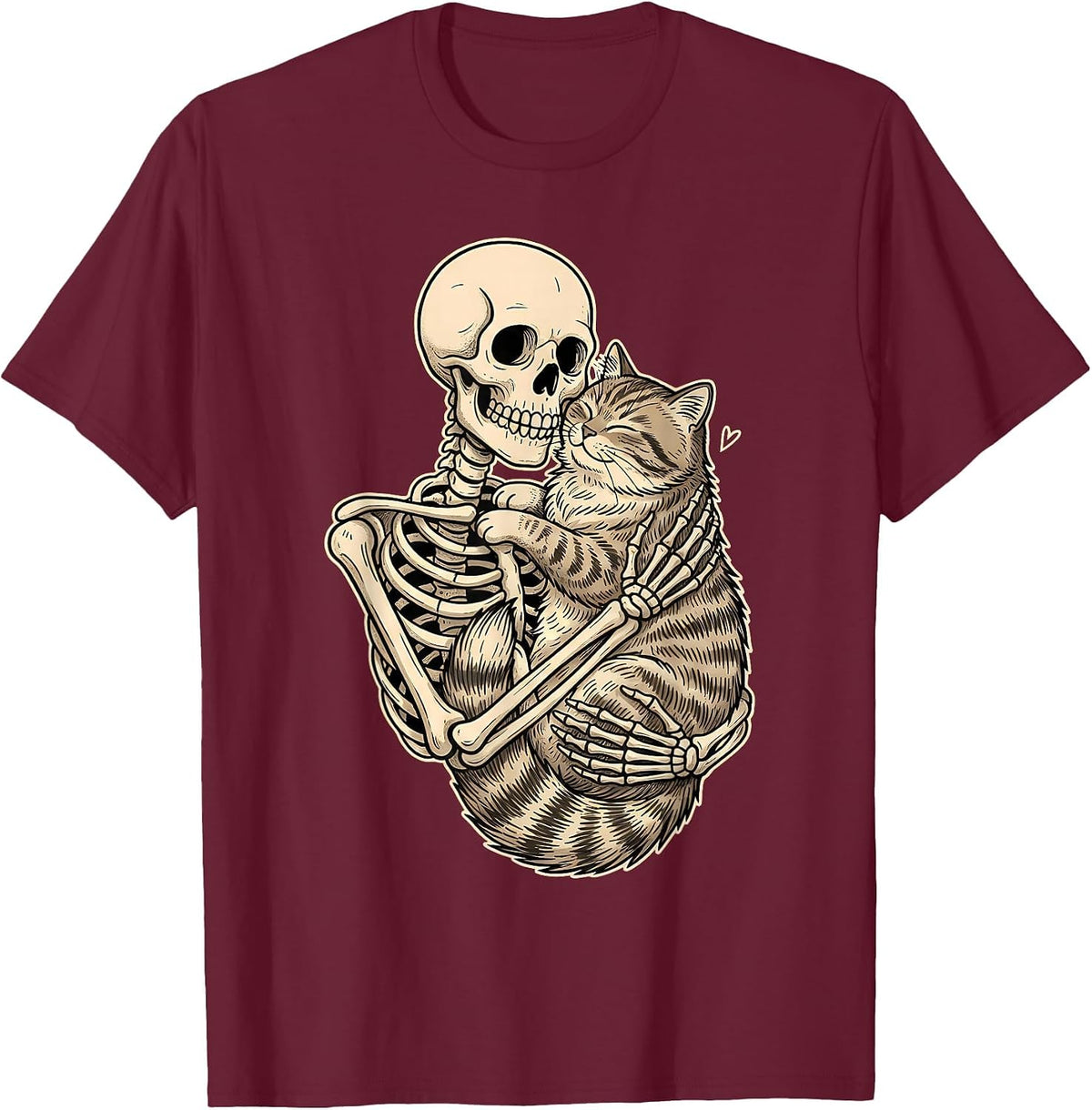 Skeleton Hugging Cat Kitten Kitty Lover Pet Mom Cat Dad T-Shirt - Burgundy