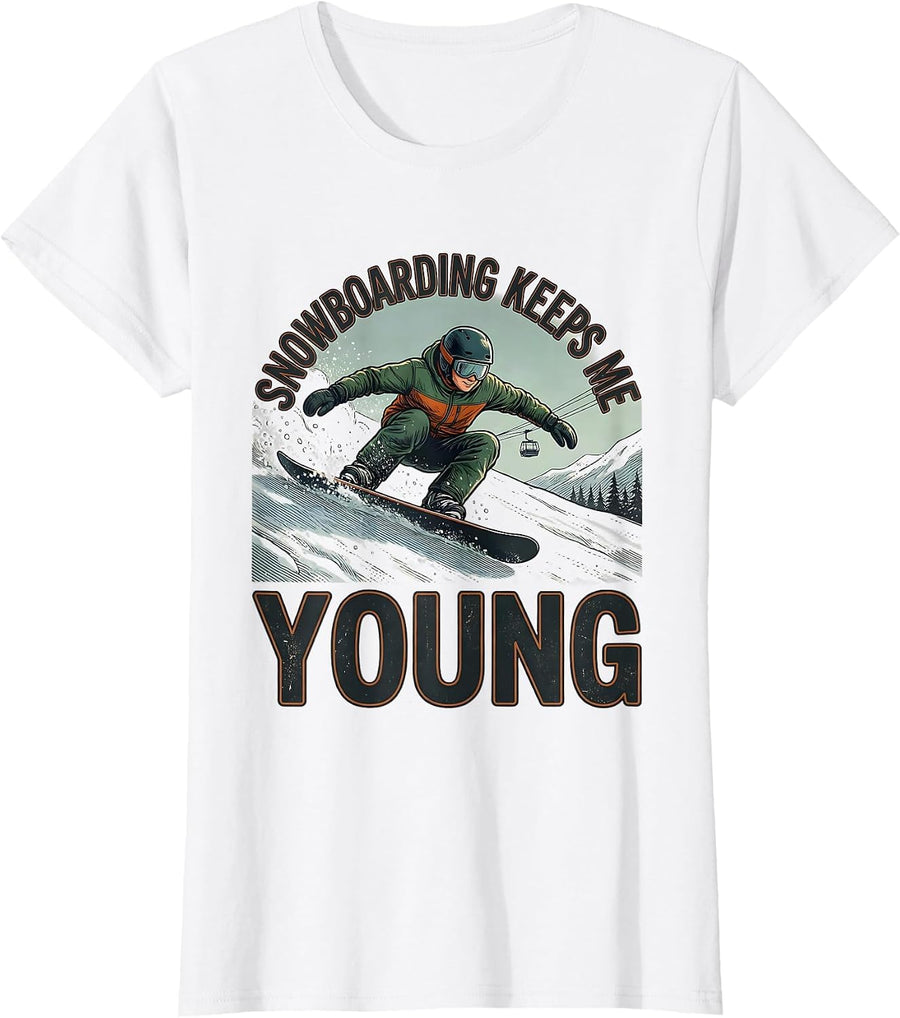 Women's Snowboarding Keeps Me Young Vintage Nostalgic Snowboarder T-Shirt - White