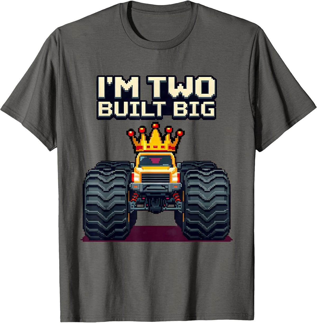 I'm Two, Built Big Pixel Art Monster Truck Boys Birthday T-Shirt - Asphalt Grey