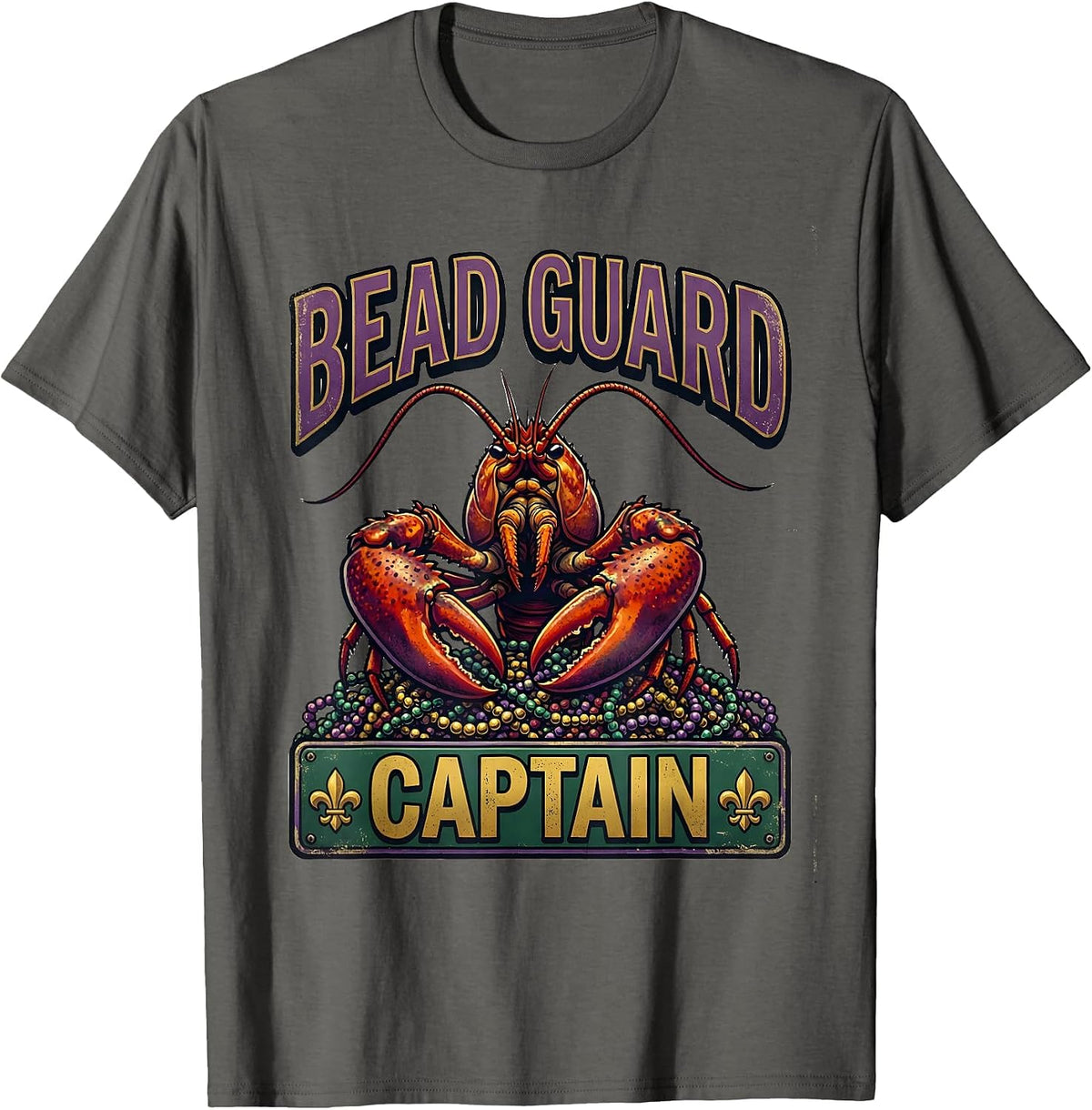Bead Guard Captain Vintage Funny Mardi Gras Crawfish T-Shirt - Asphalt Grey
