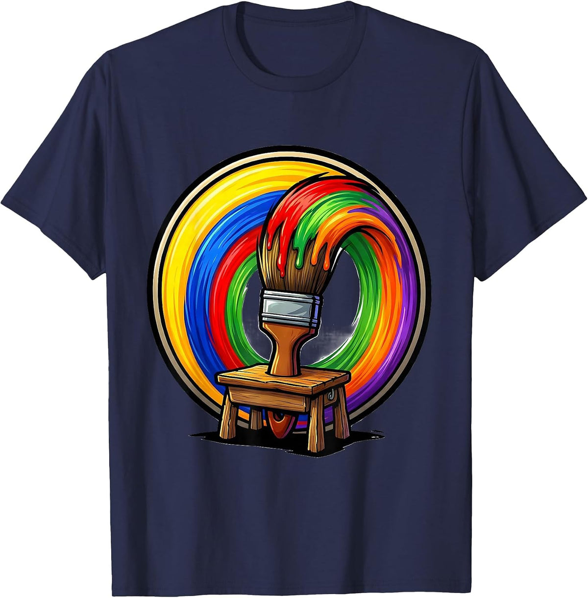 Men's PreK Teacher Paintbrush Rainbow Classroom Art T-Shirt - Navy Blue