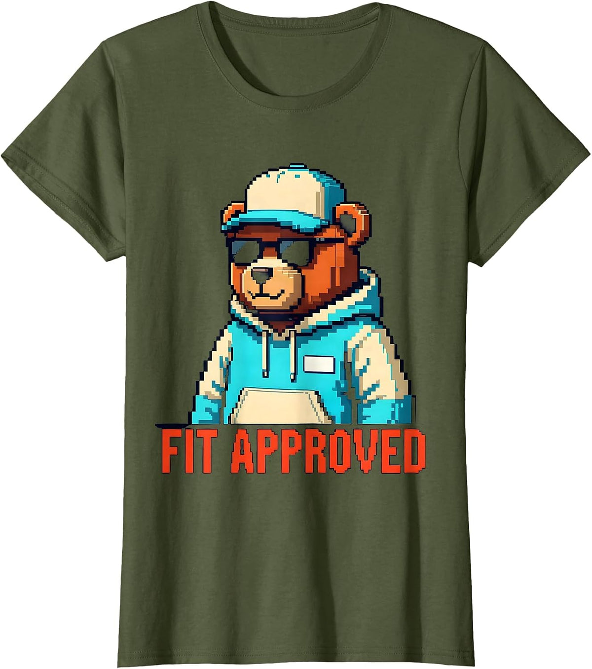Women's Fit Approved Pixel Art Teddy Bear Hip Hop Streetwear Cute T-Shirt - Olive Green