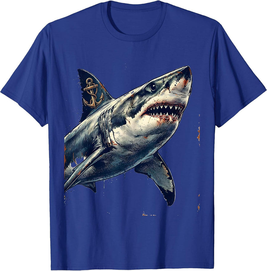 Shark With Anchor Tattoo Art Graphic Tee T-Shirt - Royal Blue