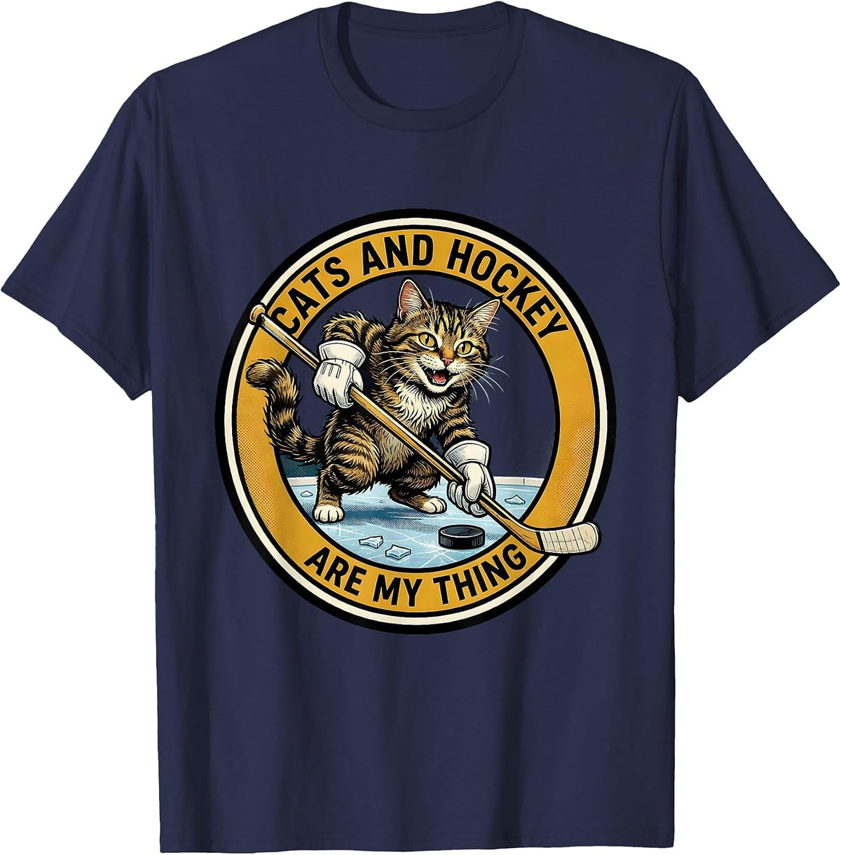 Cats And Hockey Are My Thing Retro Cartoon Cat Lover Hockey T-Shirt - Navy Blue