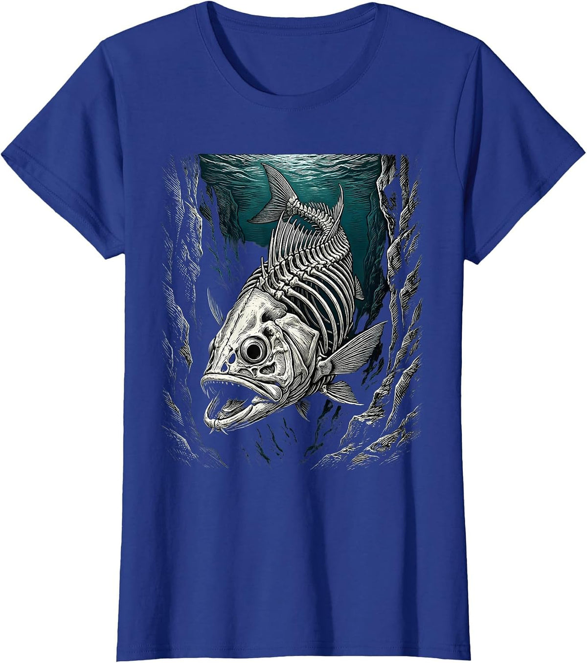 Women's Skeleton Fish Ocean Trench Deep Sea Illustration T-Shirt - Royal Blue