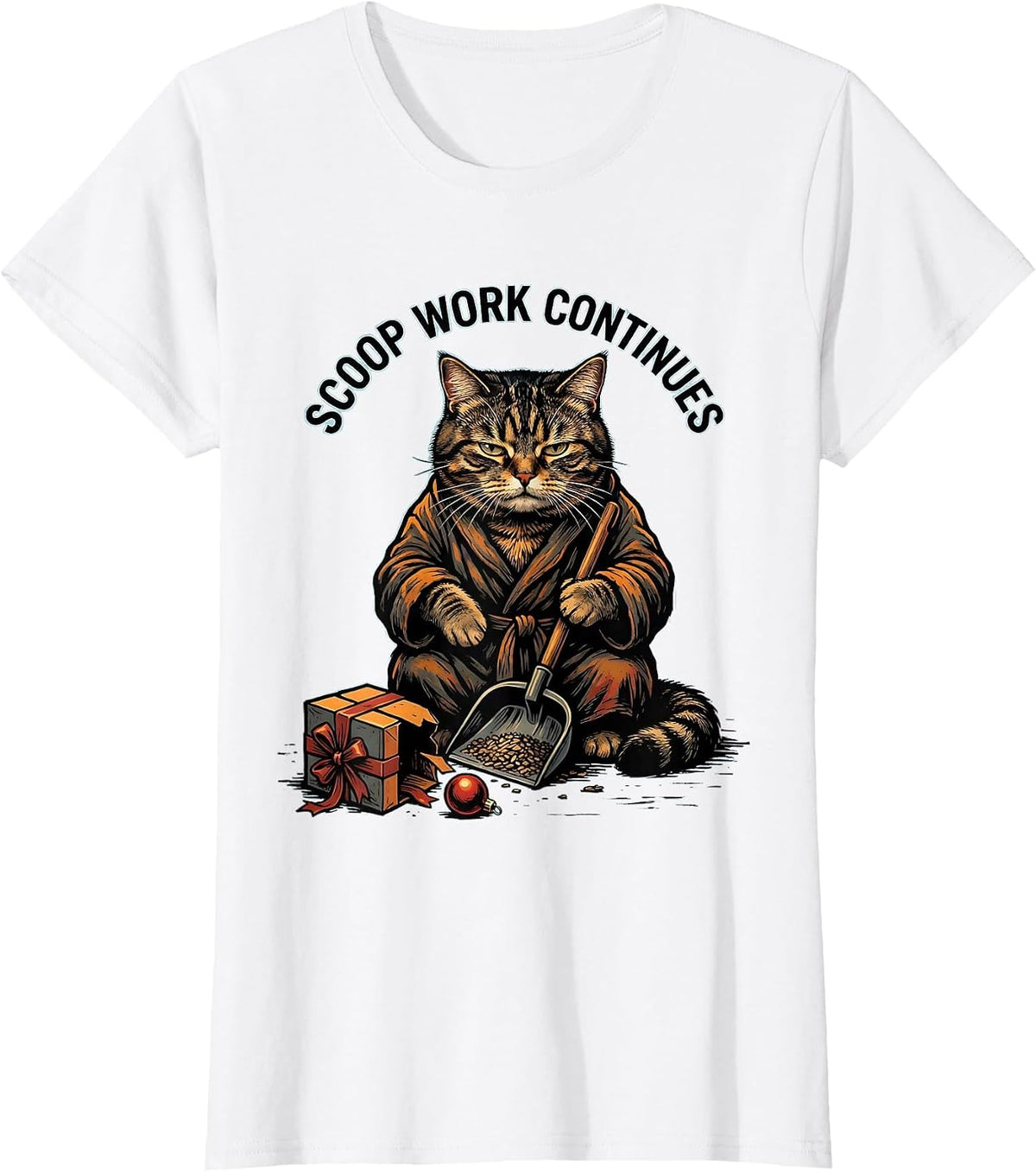 Scoop Work Continues Funny Cat Lover Christmas Grumpy Humor T-Shirt - White