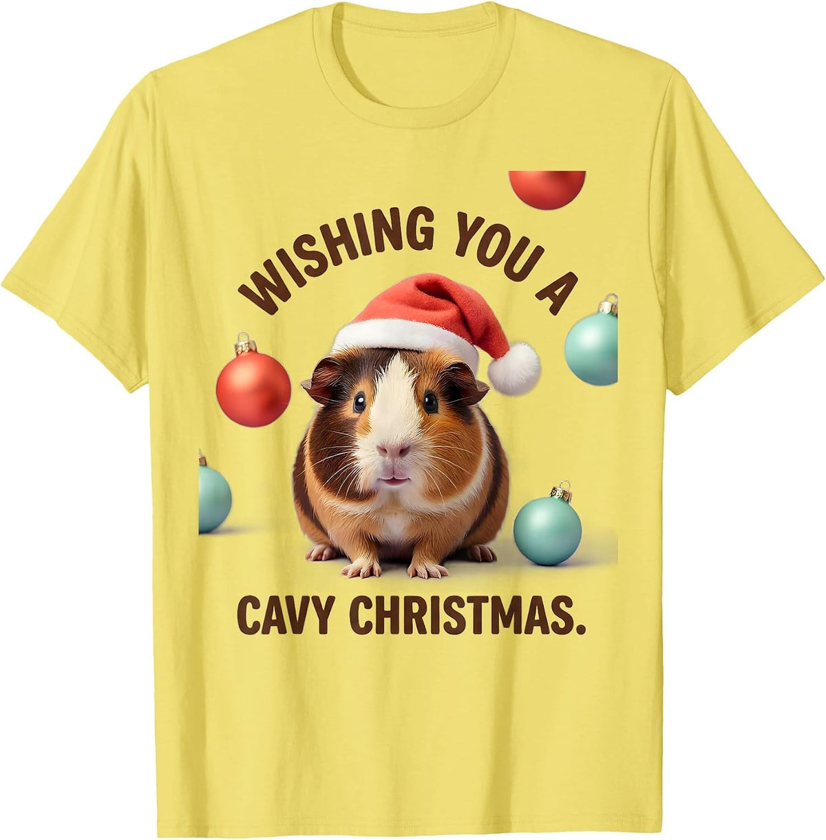 Men's Wishing You A Cavy Christmas Cute Kawaii Guinea Pig Santa T-Shirt - Lemon Yellow