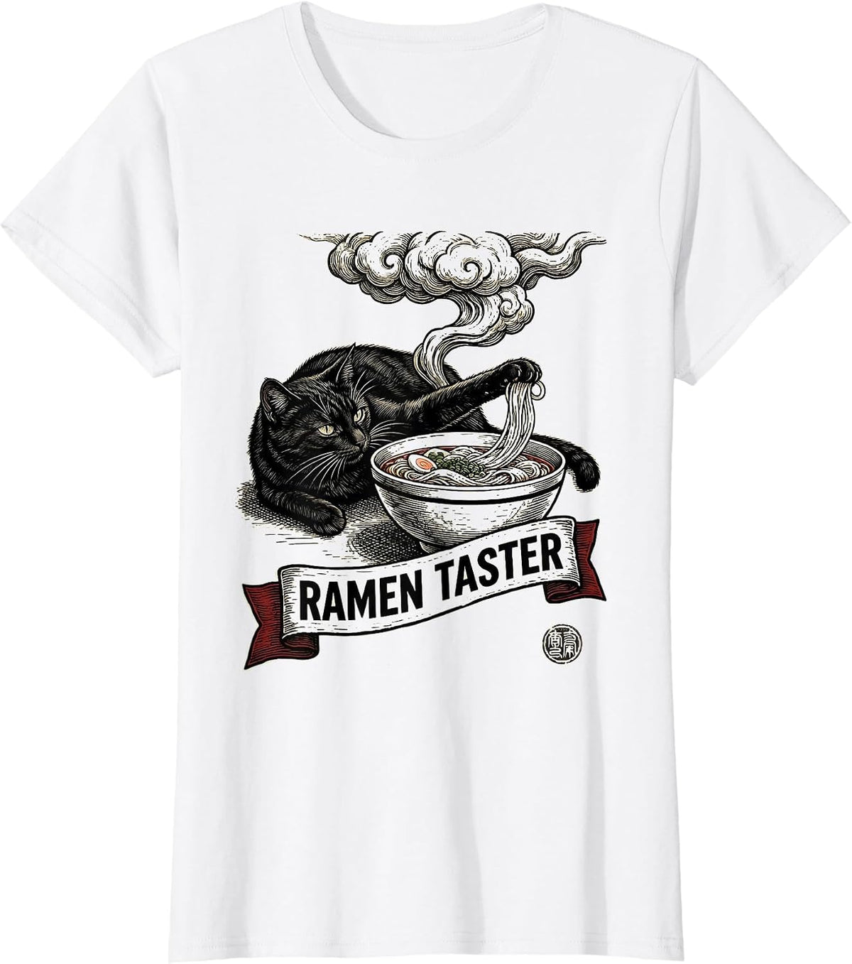Women's Ramen Taster Funny Japanese Cat Anime Kawaii Woodcut T-Shirt - White