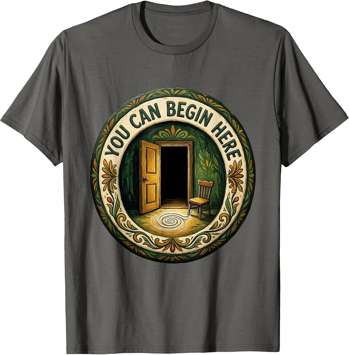 You Can Begin Here Folk Art Mental Health Counselor T-Shirt - Asphalt Grey