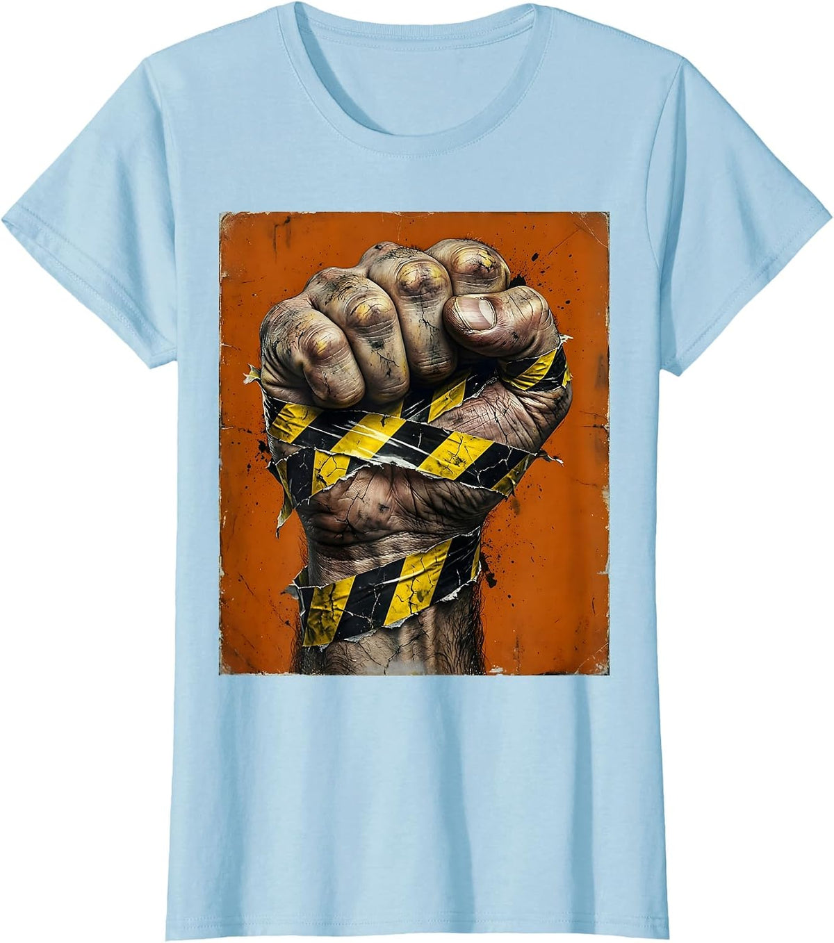 Black and Yellow Caution Fist Graphic Design T-Shirt - Baby Blue