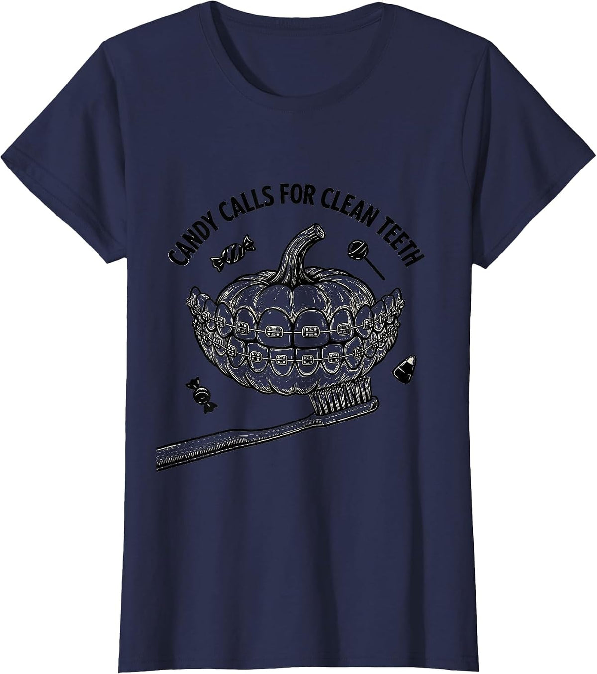 Women's Candy Calls For Clean Teeth Playful Dental Halloween Costume T-Shirt - Navy Blue