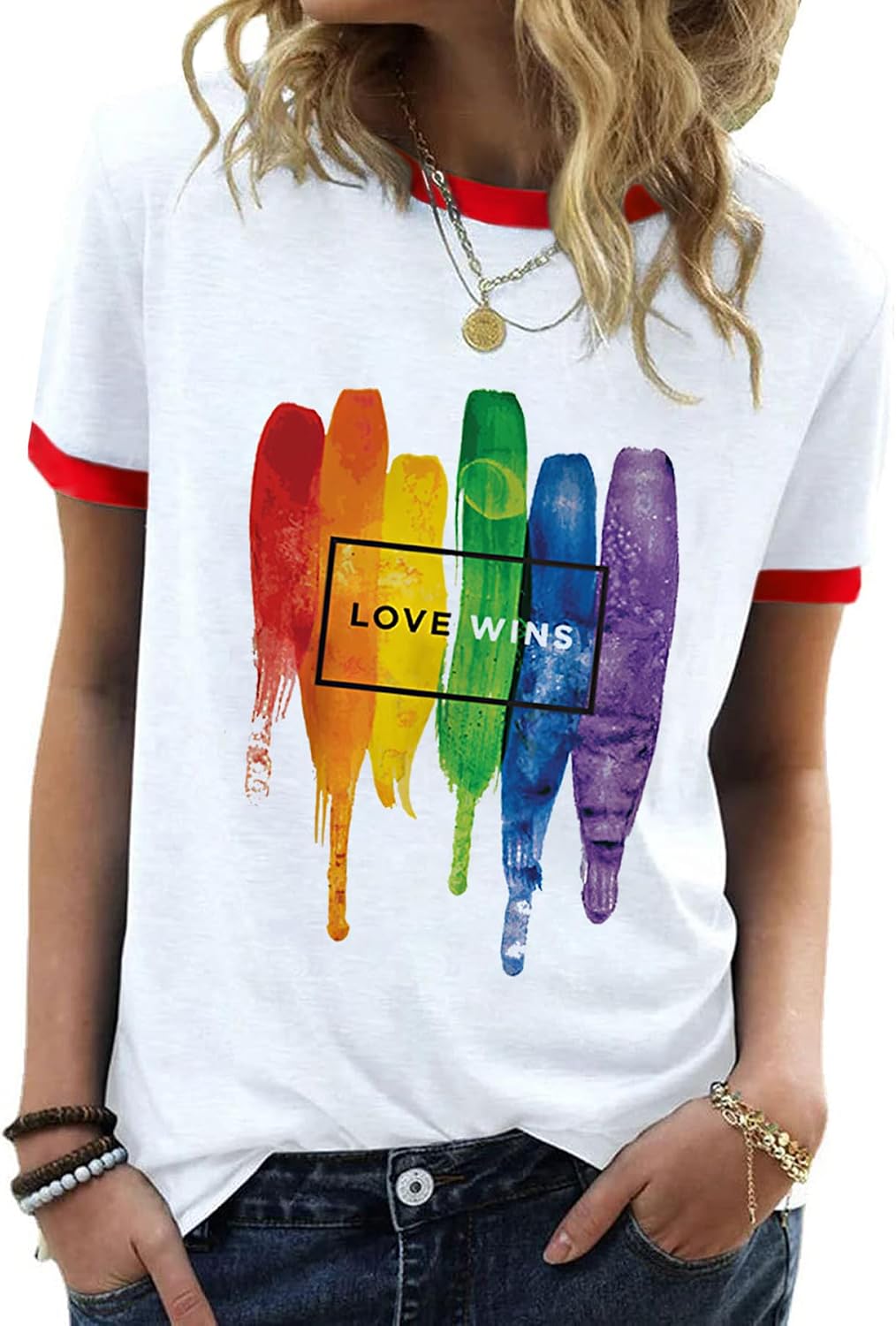 Pride Shirts for Women LGBTQ Rainbow Graphic T-Shirt Ringer Tee - White#04