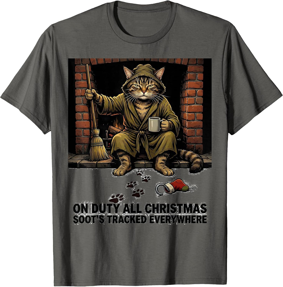 On Duty All Christmas Soot's Tracked Everywhere Funny Cat T-Shirt - Asphalt Grey