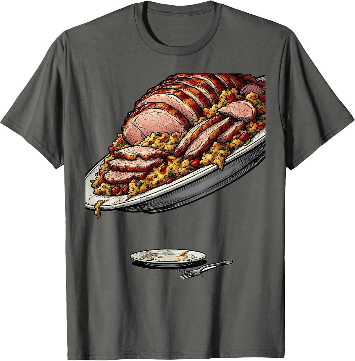 Giant Turkey Plate Funny Thanksgiving Matching Crew T-Shirt - Asphalt Grey