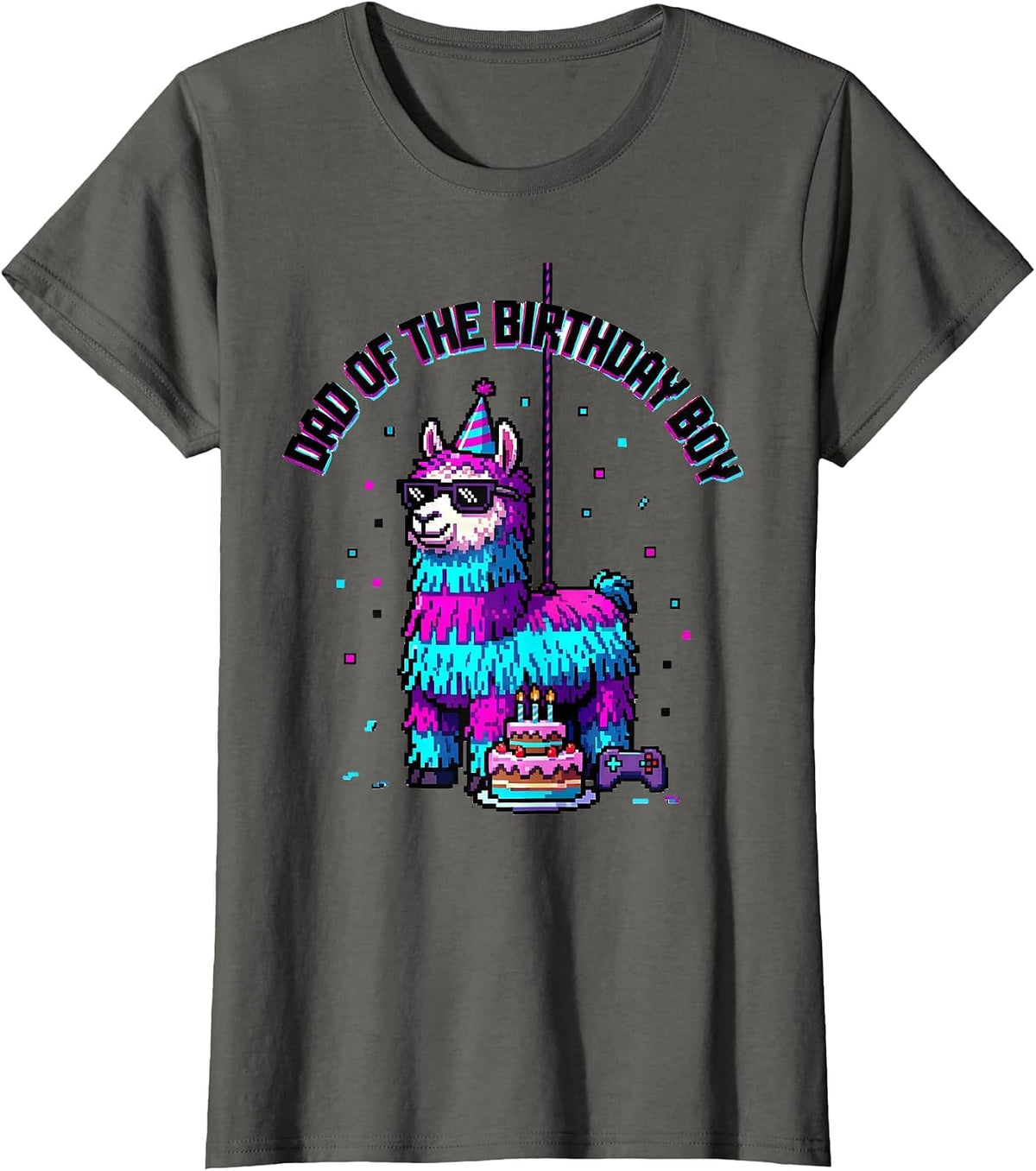 Women's Dad Of The Birthday Boy Pixel Art Llama Piñata Gamer Party T-Shirt - Asphalt Grey