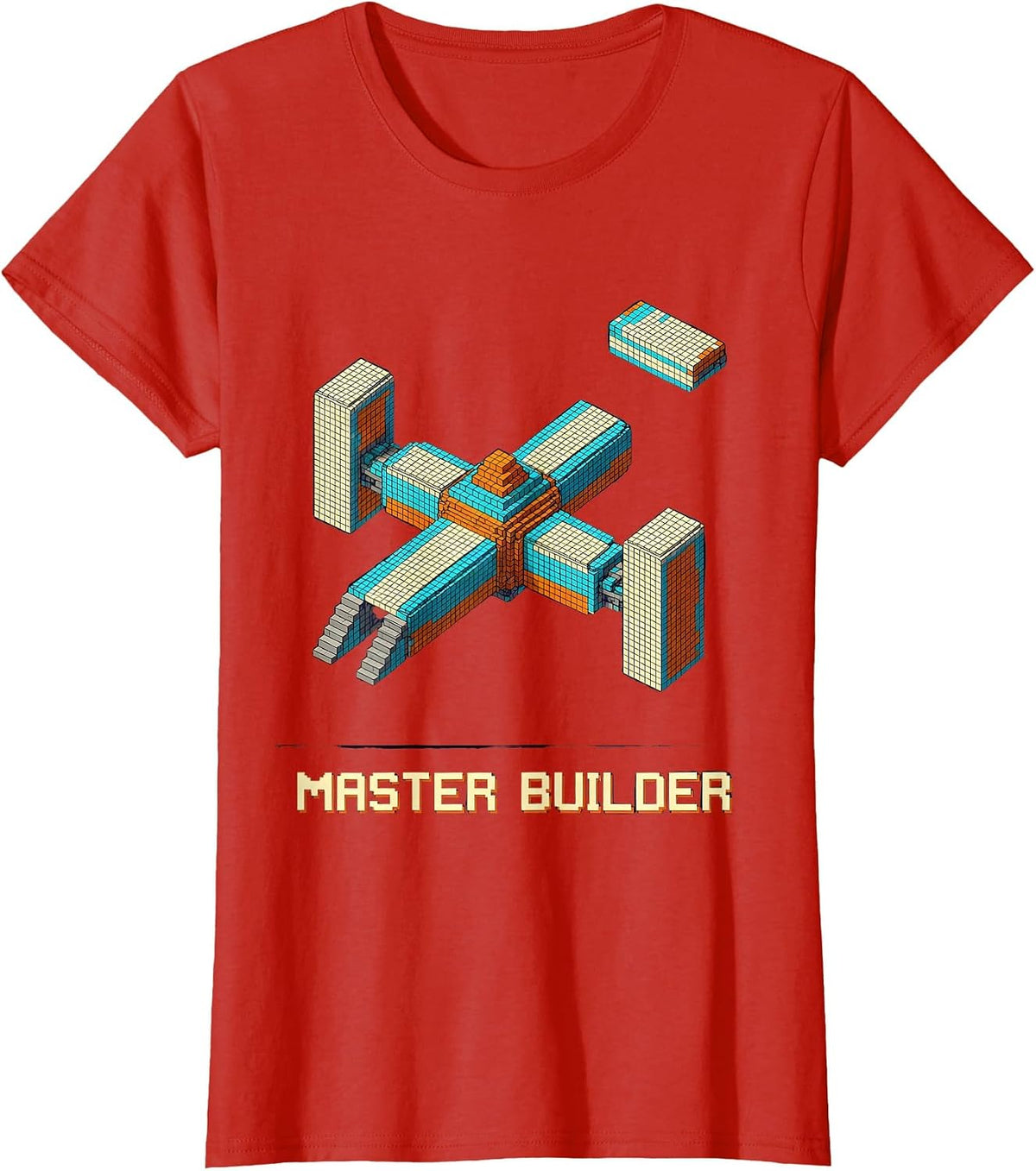 Master Builder Pixel Art Space Station Birthday Brick T-Shirt - Red