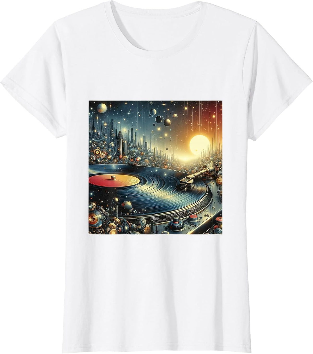 Futuristic Space City Vinyl Record Player Sci-Fi Cityscape T-Shirt - White