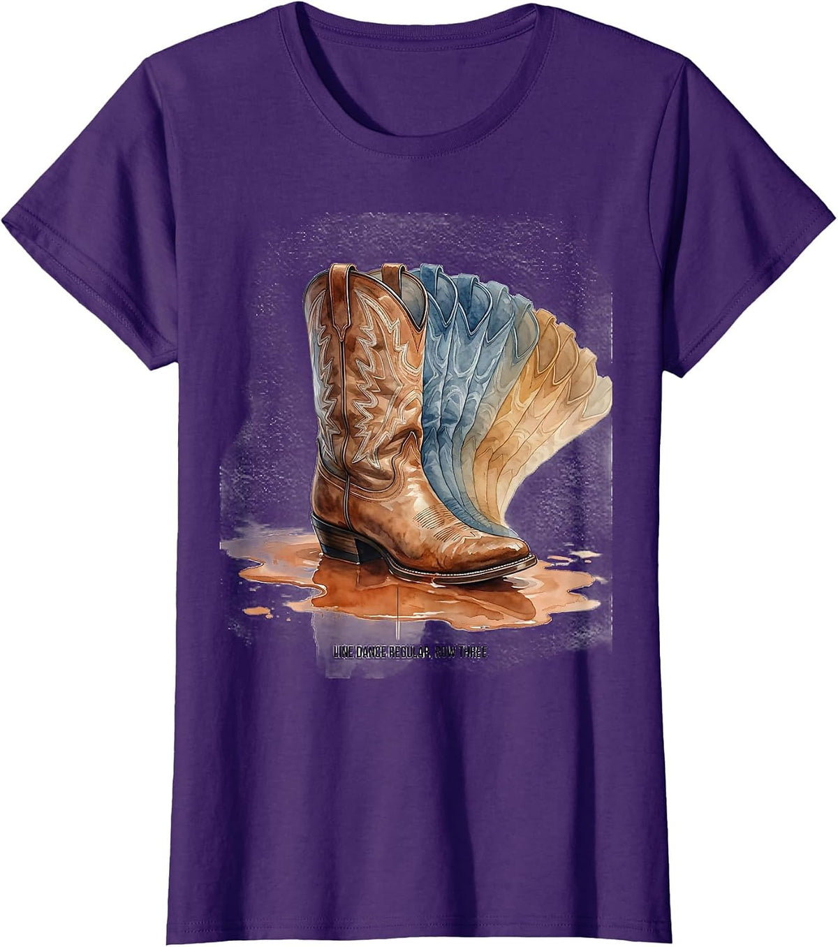 Women's Line Dance Regular Row Three Watercolor Cowboy Boot Dancer T-Shirt - Purple