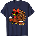 Funny Turkey Drinking Coffee Fall Thanksgiving Costume Women T-Shirt - Navy Blue
