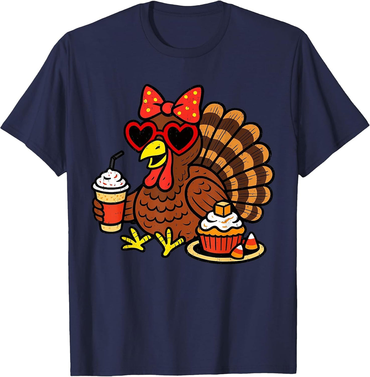 Funny Turkey Drinking Coffee Fall Thanksgiving Costume Women T-Shirt - Navy Blue