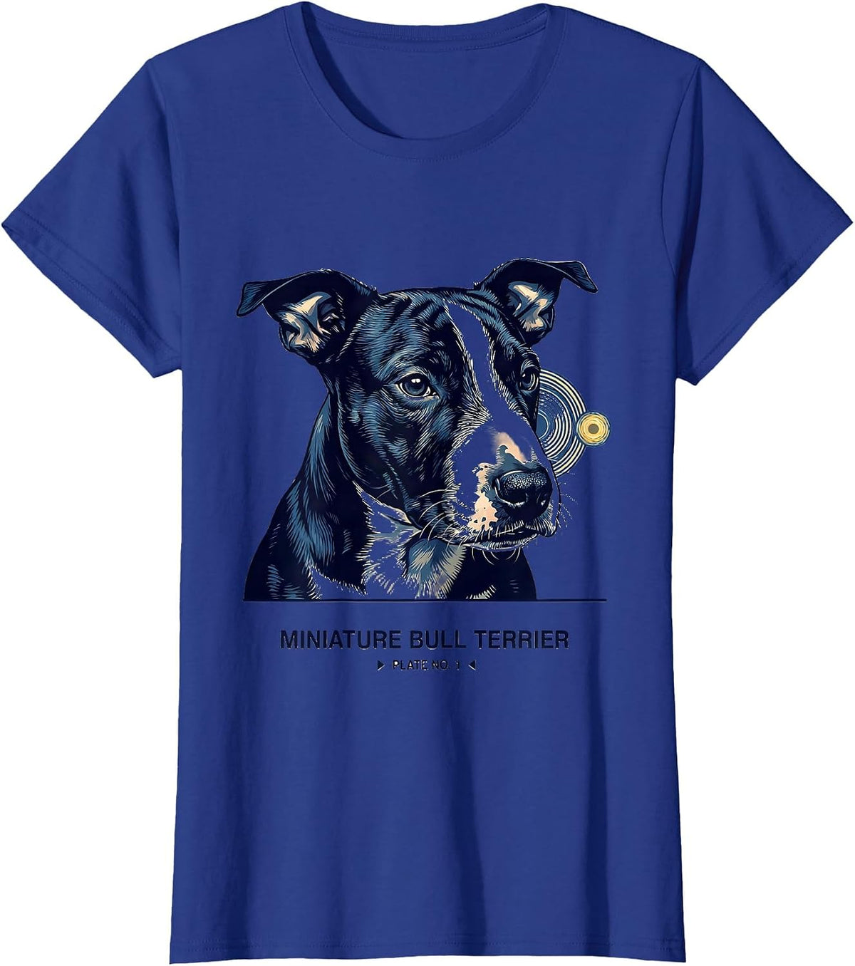 Women's Miniature Bull Terrier, Plate No. 1 Van Gogh Style Starry T-Shirt - Royal Blue