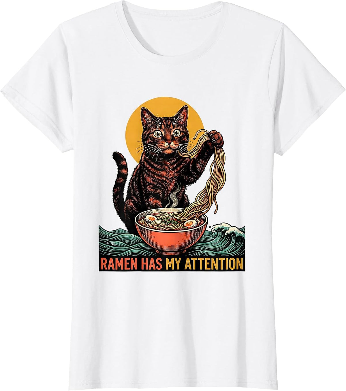Ramen Has My Attention Funny Cat Anime Kawaii Japanese Art T-Shirt - White