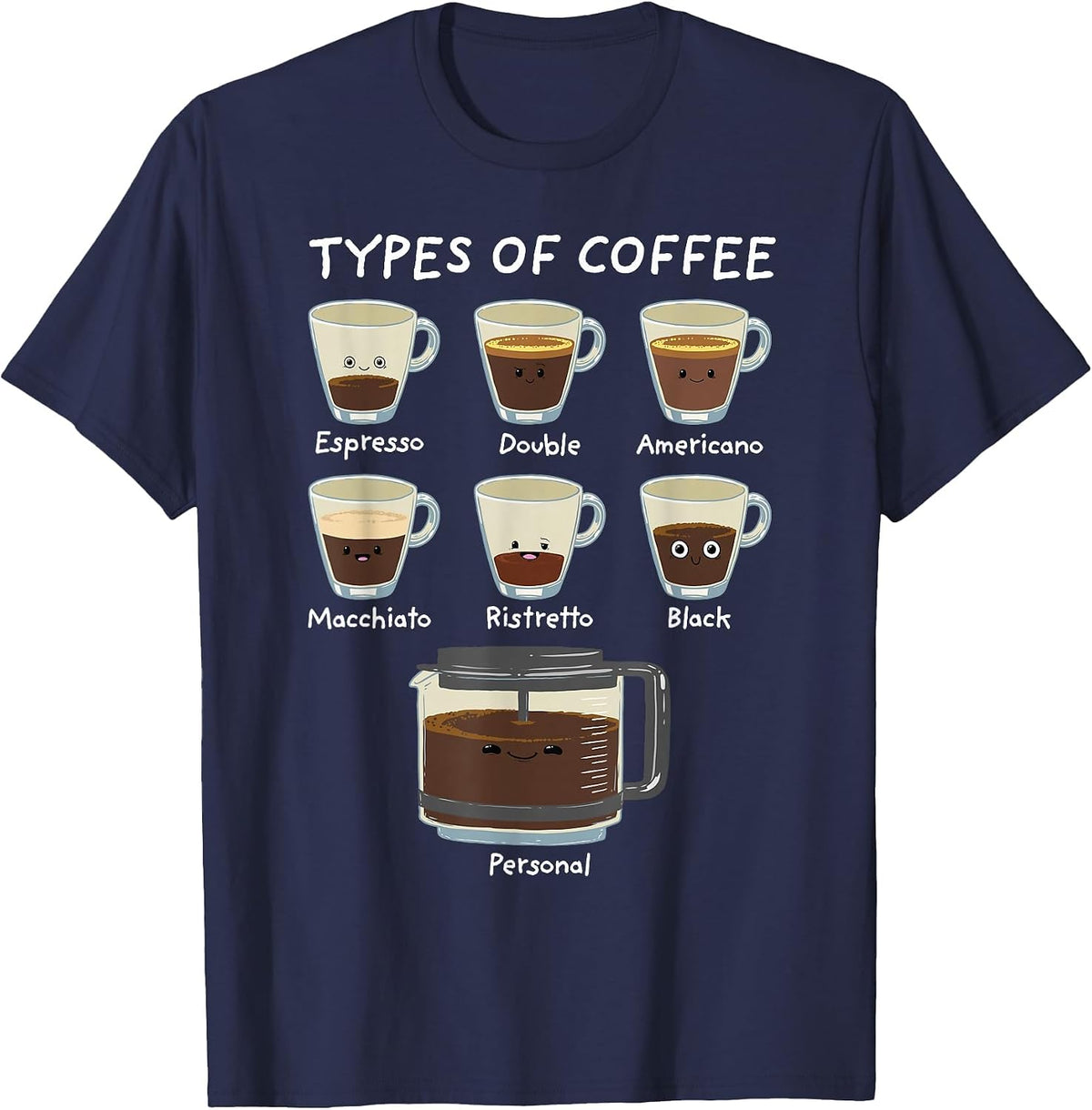 Types of Coffee Shirt Funny Caffeine Lover Barista T-Shirt - Navy Blue