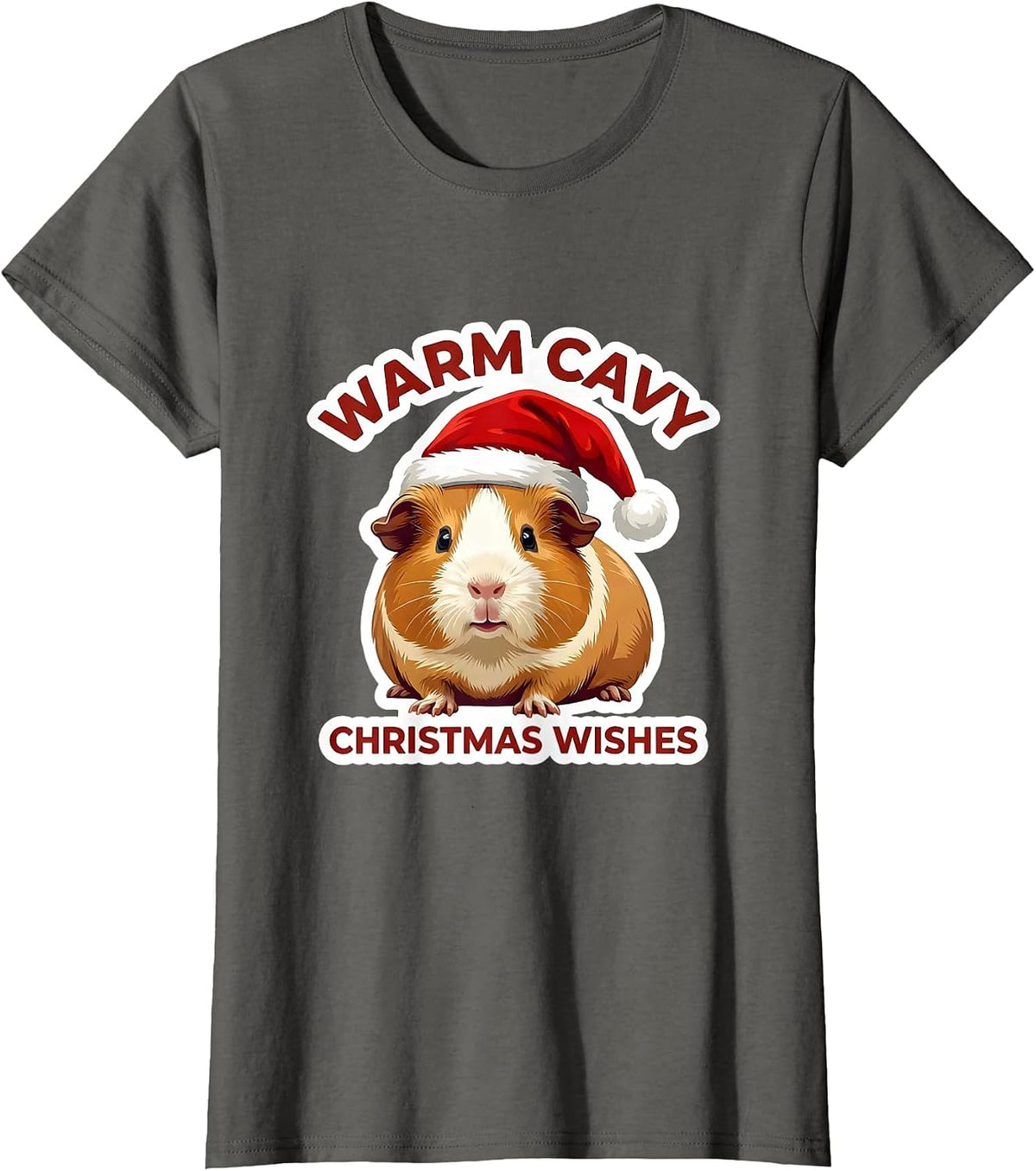 Women's Warm Cavy Christmas Wishes Funny Guinea Pig Santa Hat T-Shirt - Asphalt Grey