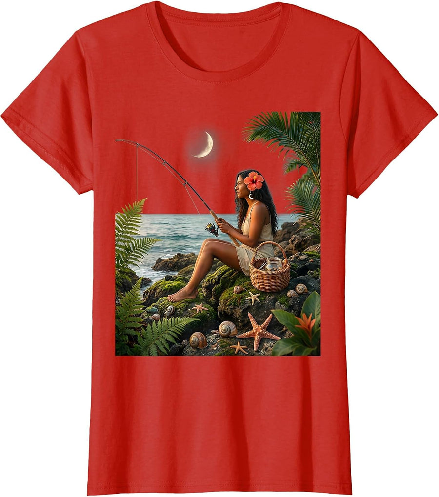 Women's Puerto Rico Coastal Cliff Fishing Illustration T-Shirt - Red