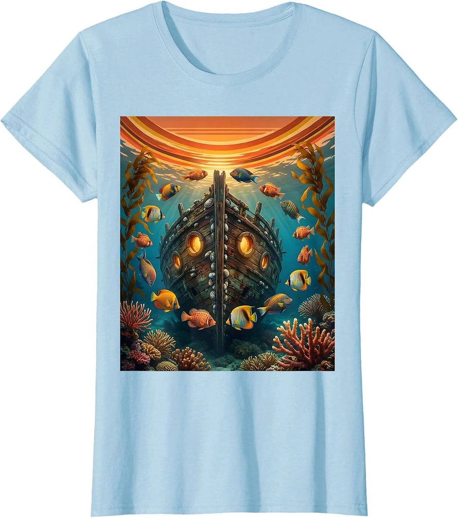 Women's Tropical Fish Sunken Shipwreck Hawaiian Design T-Shirt - Baby Blue