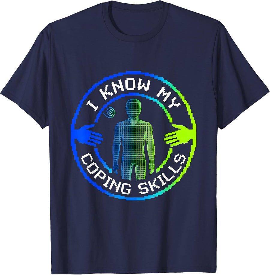 I Know My Coping Skills Pixel Art Counselor Mental Health T-Shirt - Navy Blue