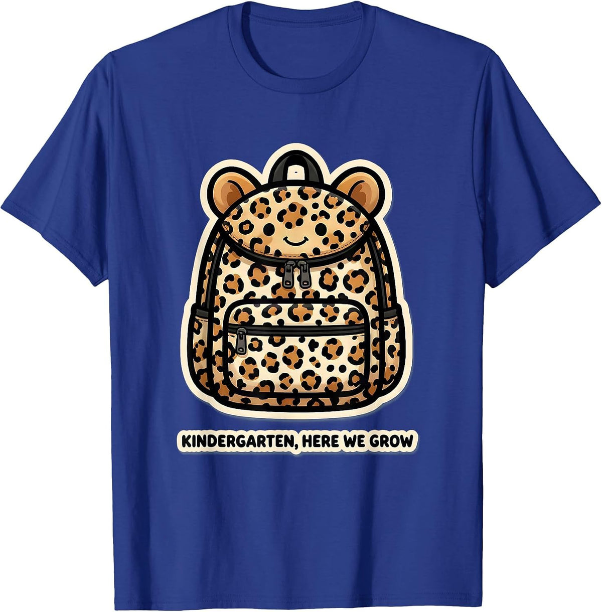 Kindergarten, Here We Grow Cute Leopard Print Teacher Back T-Shirt - Royal Blue