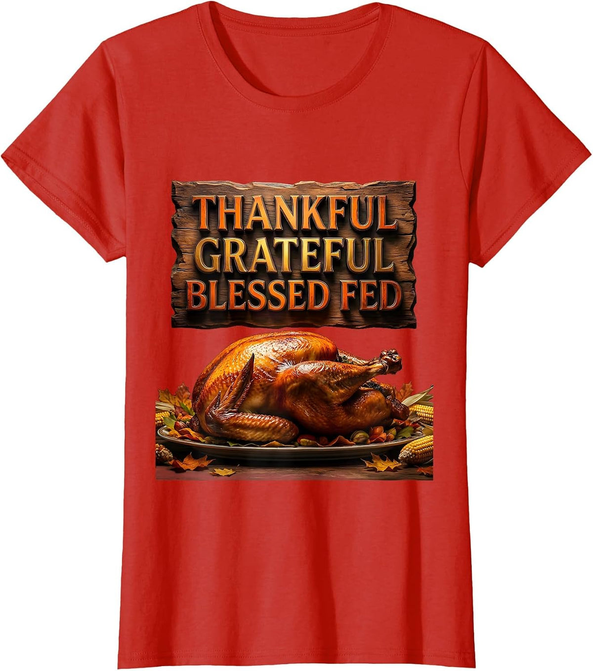 Women's Thankful Grateful Blessed Fed Thanksgiving Design T-Shirt - Red