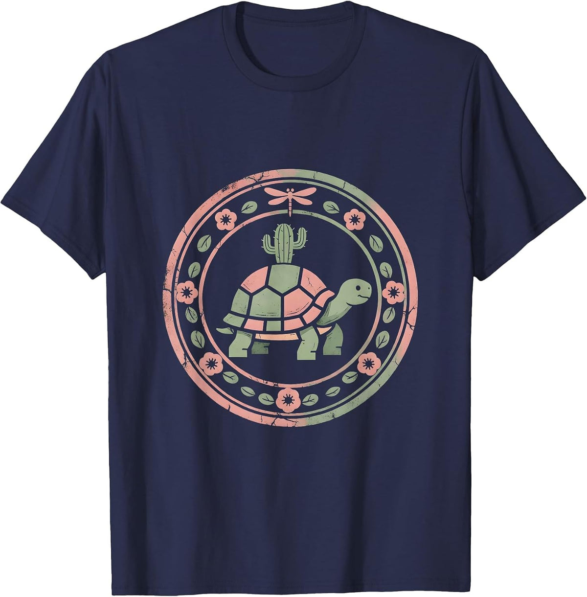 Desert Tortoise With Cactus Western Nature Design T-Shirt - Navy Blue