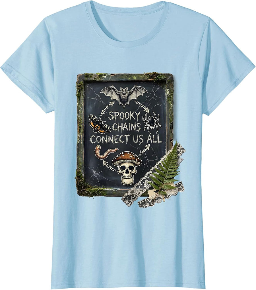 Women's Halloween Teacher Spooky Food Web Diagram T-Shirt - Baby Blue