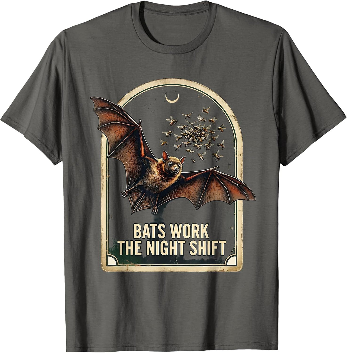Bats Work The Night Shift Funny Vintage Bat Lover Halloween T-Shirt - Asphalt Grey